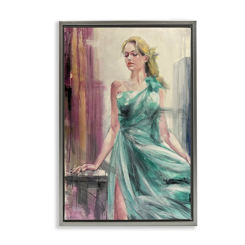 Stupell Elegant Blonde in Dress Framed Floater Canvas Wall Art Design By Lucille Lee - 17 x 25 - Grey