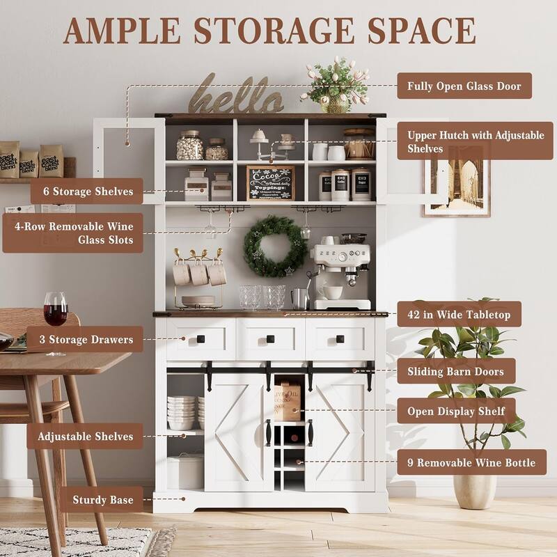 72" Tall Kitchen Pantry Cabinet, Farmhouse Kitchen Hutch Storage Cabinet ，Buffet Sideboard