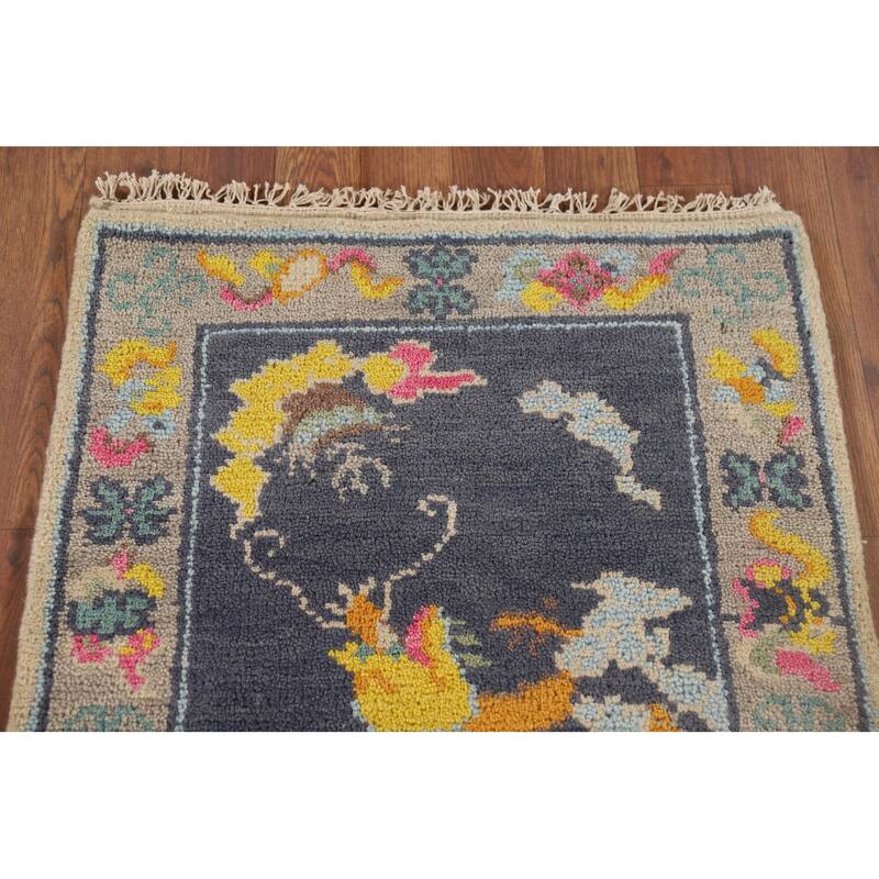 Hand Knotted Oriental 100% Wool Carpet Traditional Geometric Navy Blue & Blues Art Deco Area Rug - 3' 0'' X 2' 0''