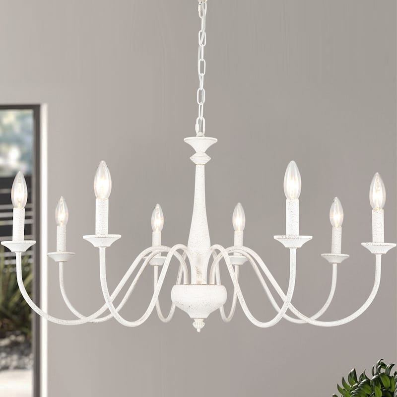 35.04" Wide 8-Light Traditional Industrial Chandelier, Candle Style Chandelier for Living Room Kitchen Island Dining Foyer - Distressed White