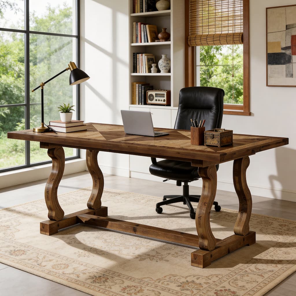 63" Solid Wood Office Executive Desk with Diamond Parquetry Top and Scroll Legs