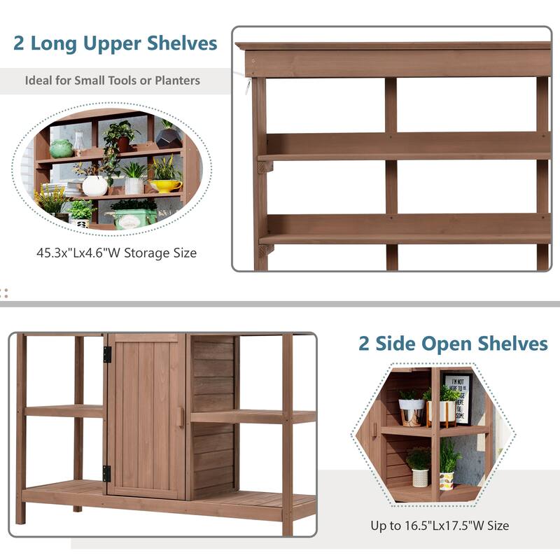 66" Large Outdoor Wooden Potting Bench Table, Garden Workstation with 2 Drawers, Cabinet Open Shelves for Backyard