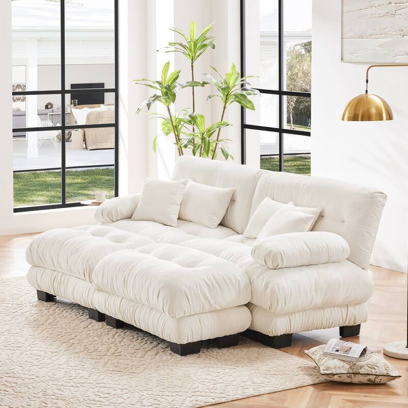 Rossetta Exquisite Stylish Design Chenille Cloud Look Couch Sectional Wide Arm Sofa with 2 Convertible Ottomans, and Pillows - White