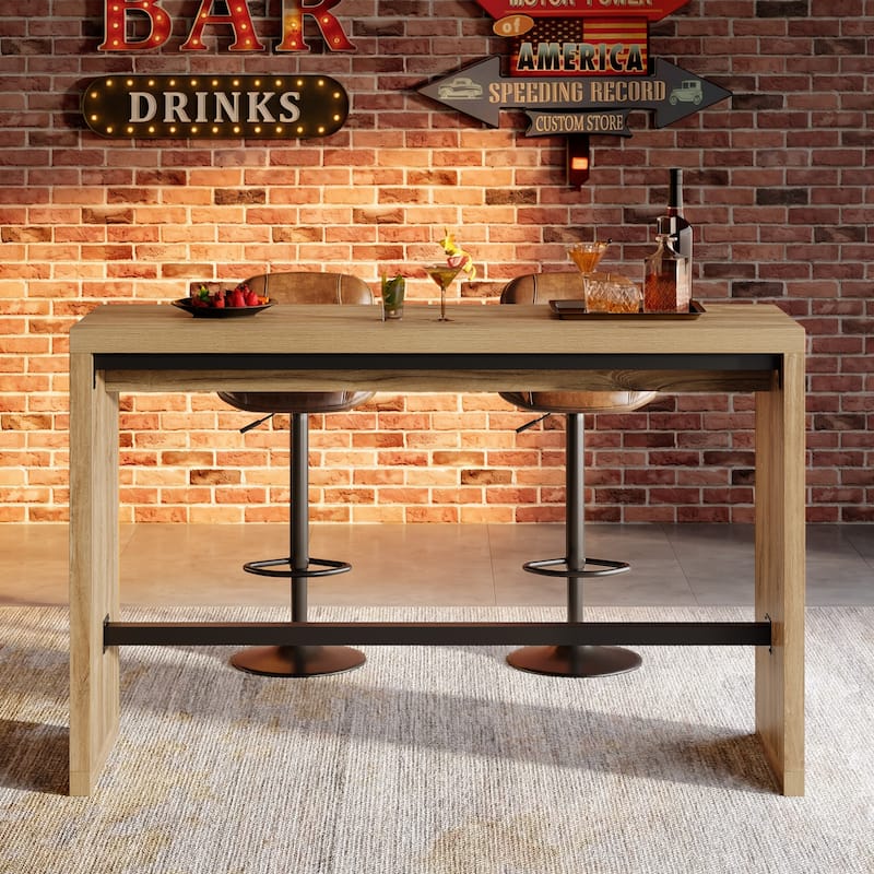 55 Inch Bar Table, Wooden Counter Height Table with Metal Footrest - 55.11" W x 15.59" D x 37.40" H