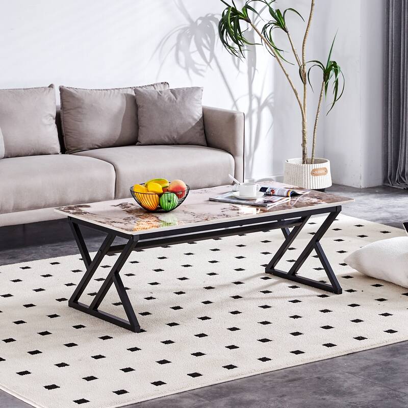 A Coffee Table Is Made Of Rock Slab Material,With A Natural And Smooth Marble Pattern On The Surface