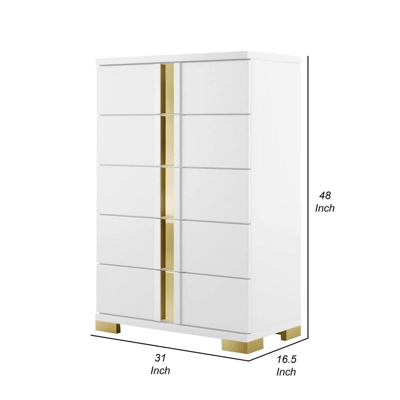Yoki Tall Dresser Chest, 5 Drawers, Modern Glam White and Gold
