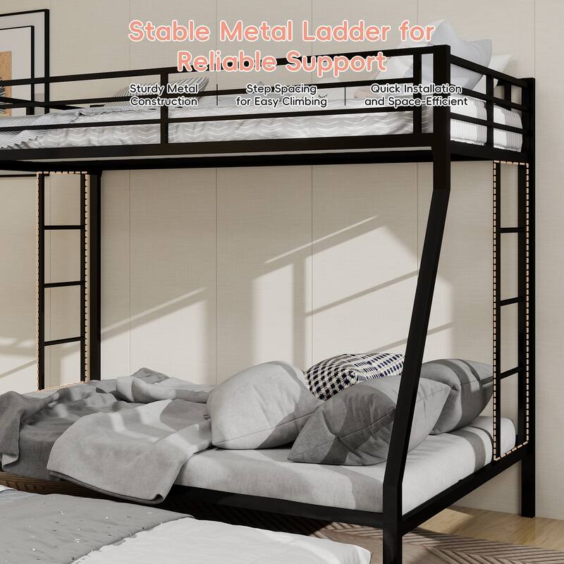Full Size Minimalist Bunk Bed with Ladder & Rolling Trundle, High-Stability Square Tube Frame, 137cm x 190cm, Black