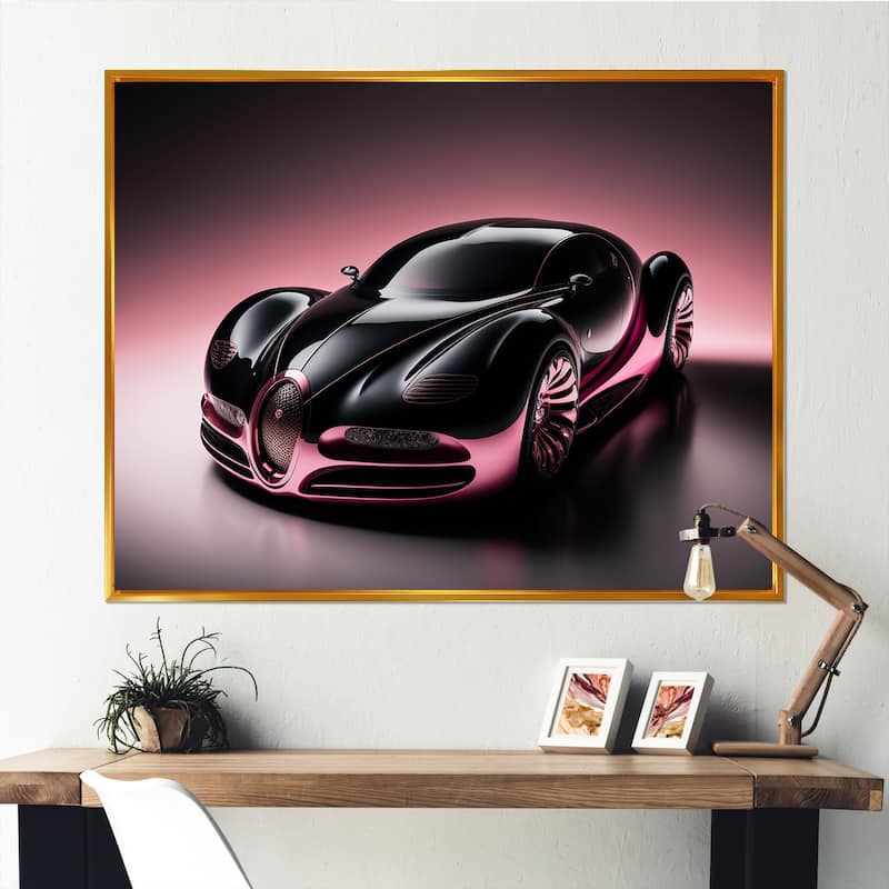 Designart "Futuristic Bugatti Design In Black And Magenta II" Exotic Car Framed Canvas Wall Art Print - Gold - 32 in. wide x 24 in. high