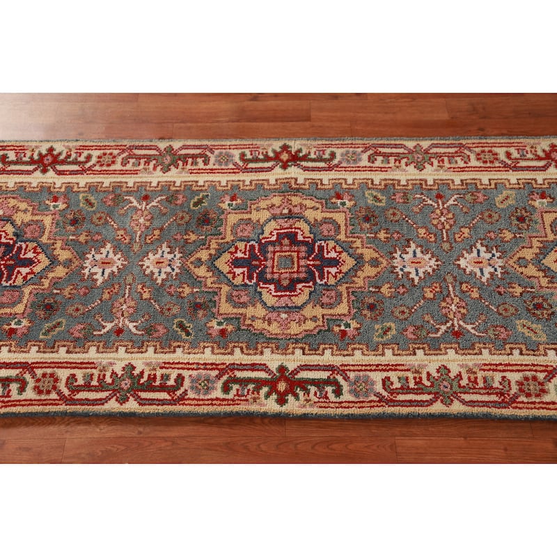 Hand Knotted Oriental 100% Wool Carpet Traditional Geometric Greys & Charcoal Heriz (serapi) Runner Rug - 8' 2'' X 2' 6''