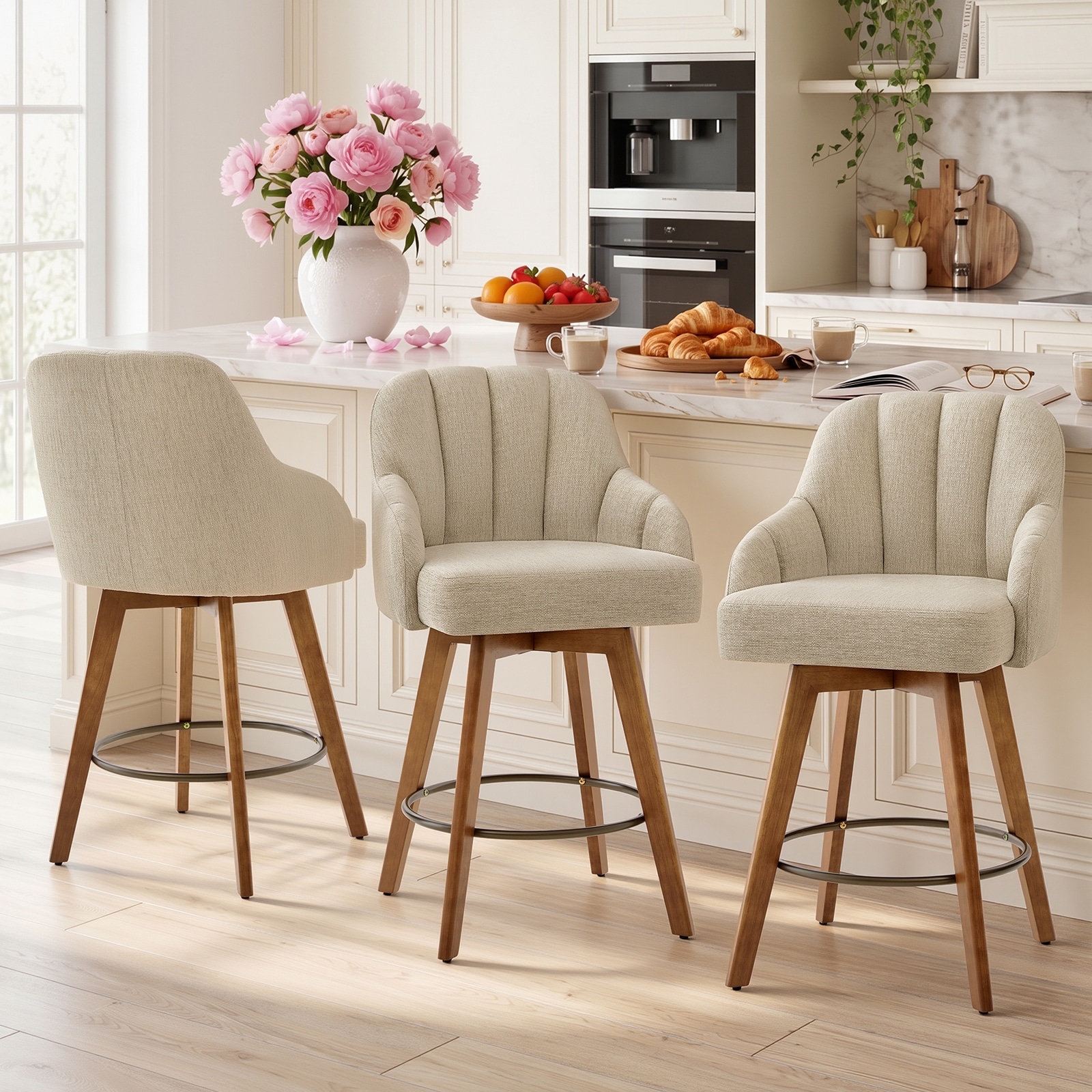 27.2" Upholstered Swivel Counter Height Bar Stool with Solid Wood Legs