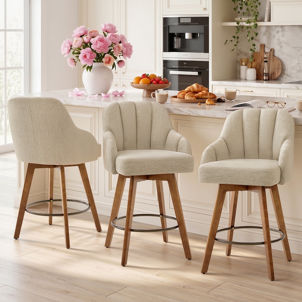 27.2" Mid-century Modern Upholstered Swivel Bar Stool with Solid Rubberwood Legs, Channel-Tufted Back - 39.6"H x 22"W x 23.2"D