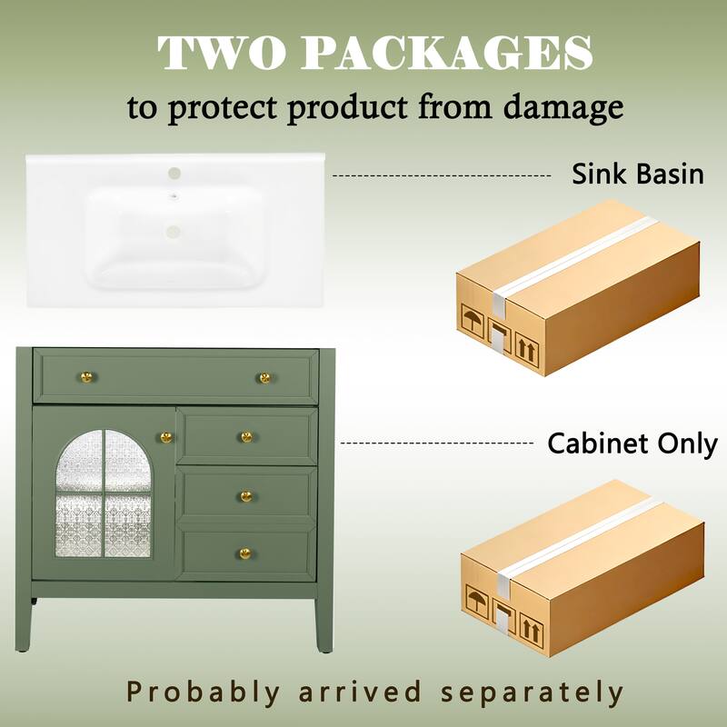 35.6-Inch Mid-Century Bathroom Vanity Sink with Patterned Glass & Motion-Sensor Light Strip, High-End Vanity Cabinet