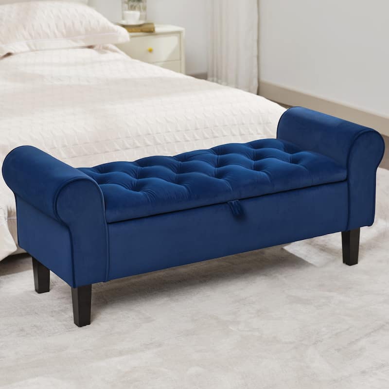 Velvet Storage Bench With Rubber Wood Legs for Bedroom