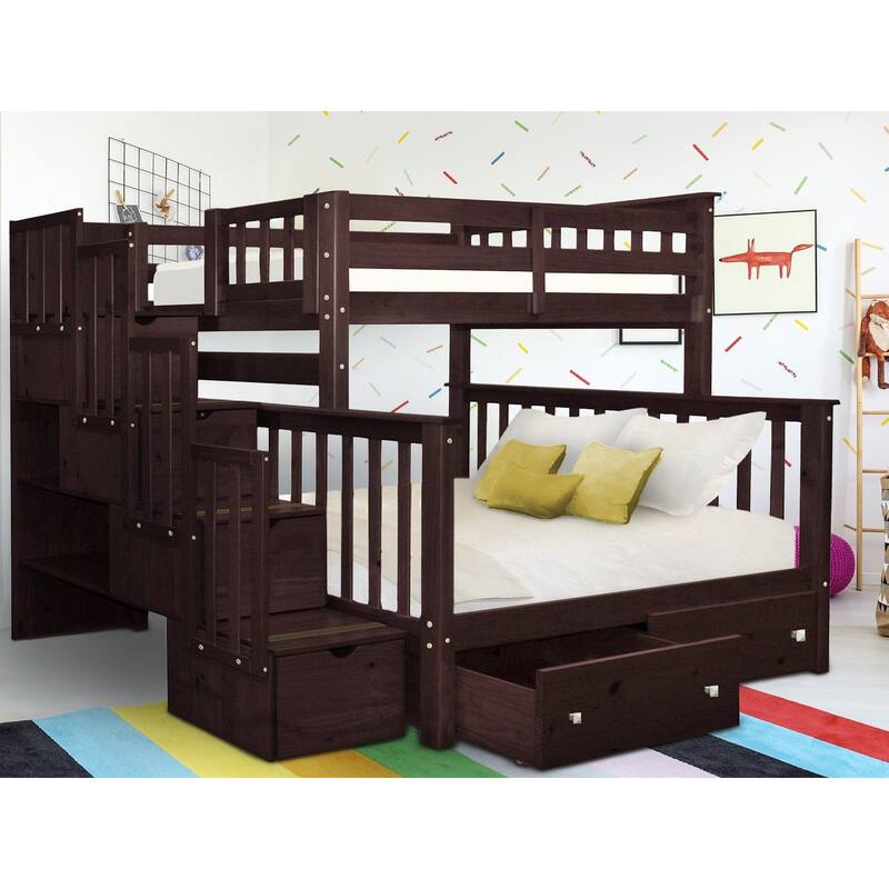 Taylor & Olive Trillium Twin over Full Stairway Bunk Bed, 2 Drawers - Dark Cherry