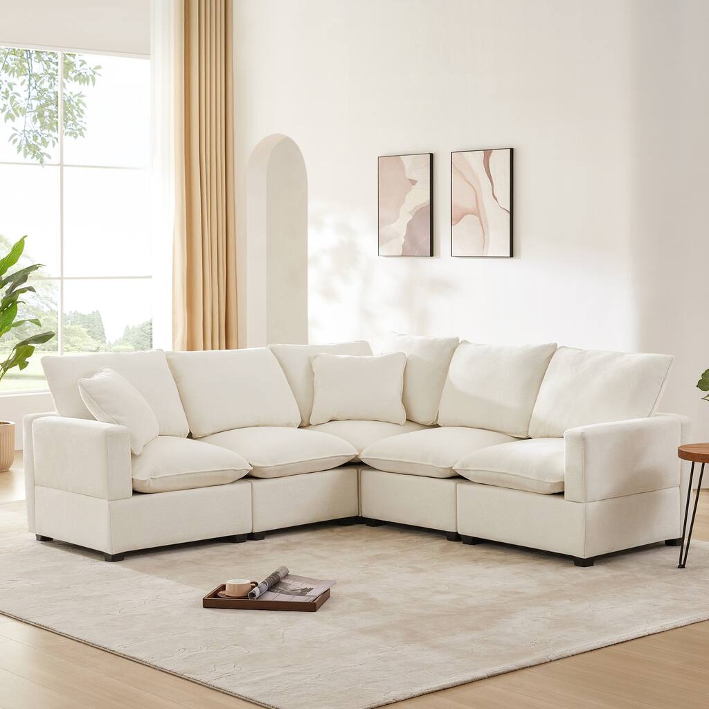 White 84" Modular Chenille 5-Seat Corner Sectional Sofa Set with 2 Cushions for Living Room, Apartment, or Office