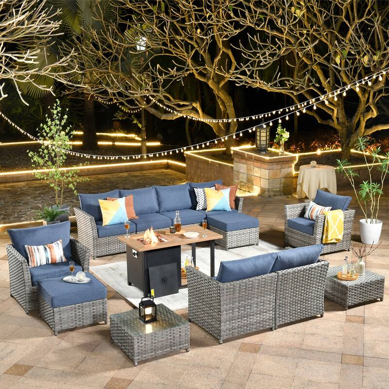 HOOOWOOO 13-piece Grey Wicker Rattan Patio Outdoor Sectional Set with Fire Pit - Denim Blue