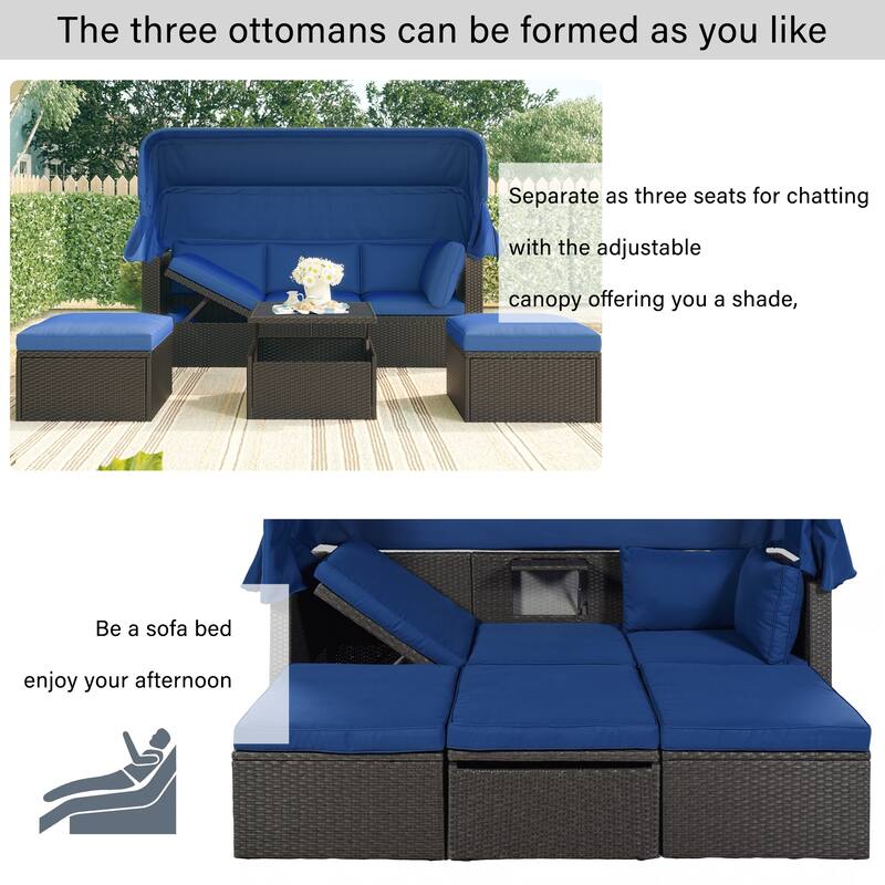 4-Pieces Outdoor Patio Rattan Daybed Sunbed Set with Retractable Canopy, Lift Table, and Adjustable Seat