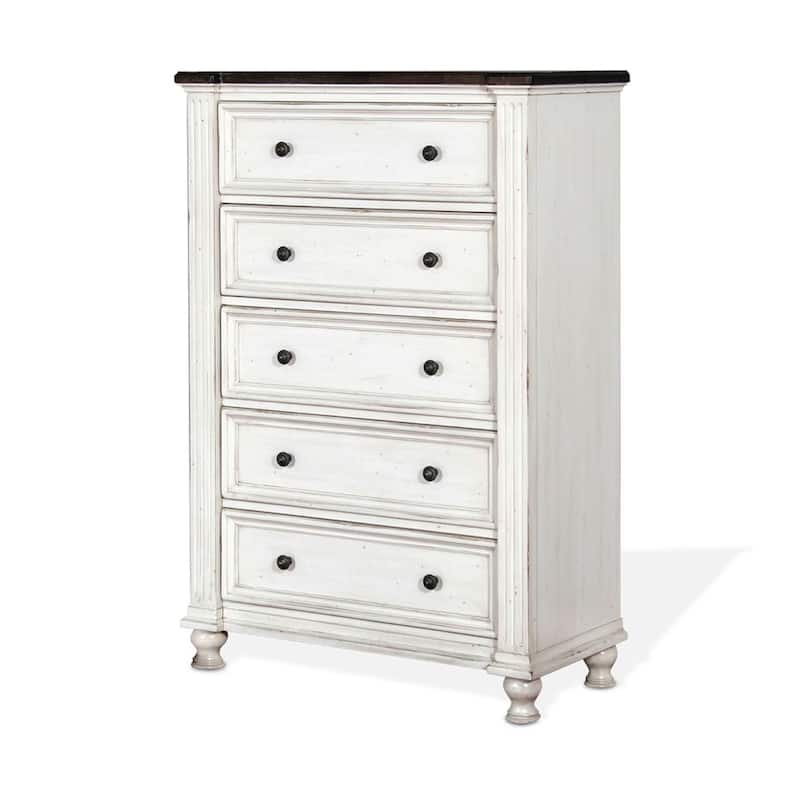 Orso Tall Dresser Chest, 5 Drawers, Panel Detailed White Mahogany Wood