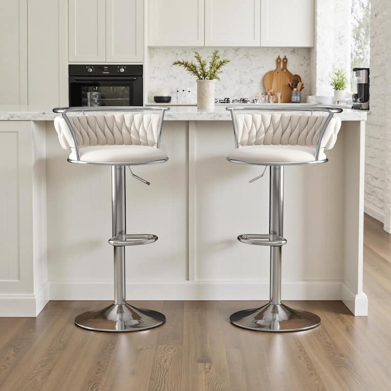 Velvet Upholstered Adjustable Bar Stool Swivel Counter Chair Set of 2 - Ivory/Silver - Set of 2
