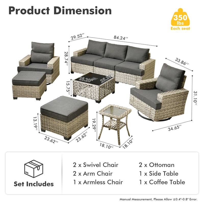OVIOS 9 Pieces T shaped Seat Wide Armrest Swivel Chair Set With Solar-Powered Coffee Table