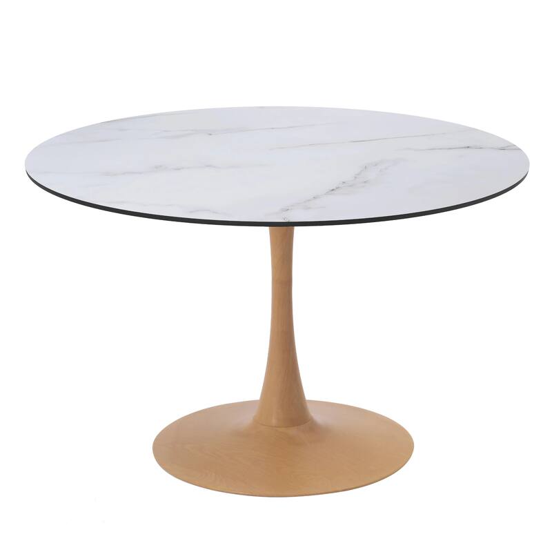 Bristol 40" Round Dining Table with MDF Top and Natural Wood Steel Pedestal Base for Modern Kitchen and Dining Room - Marbled White