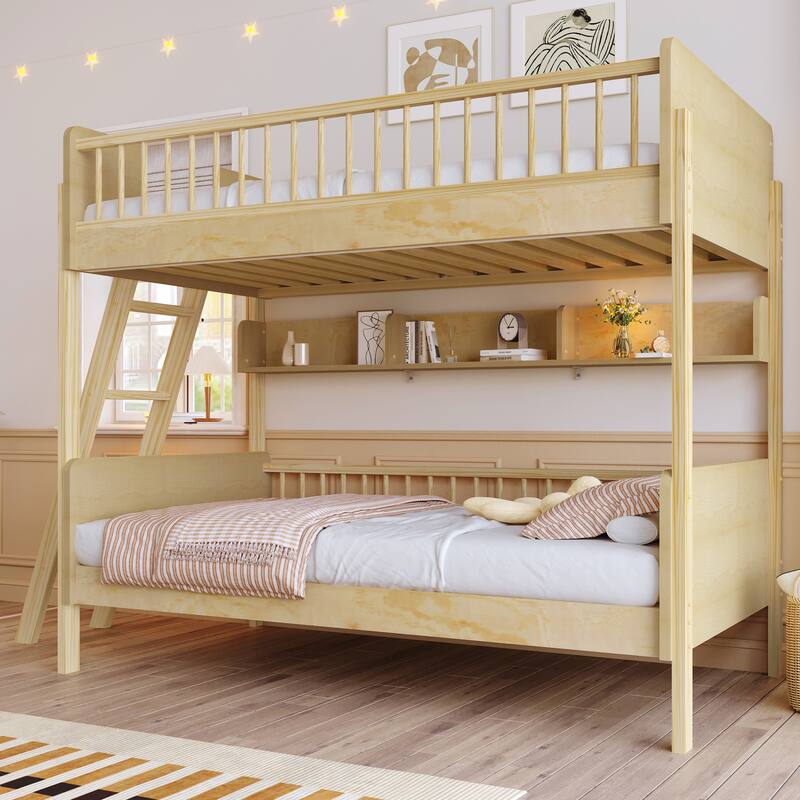 Modern Twin over Twin Bunk Bed with Storage Shelves, Solid Wood Twin Size Bunk Bed Frame with Safety Guardrails and Ladder