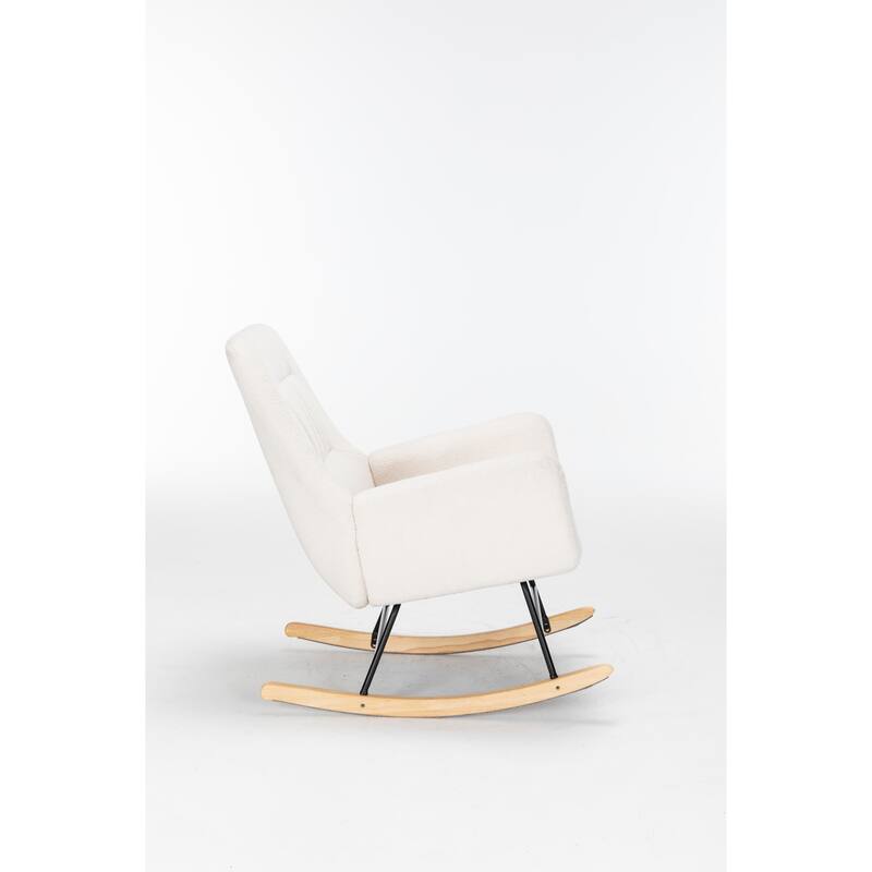 Teddy Upholstered Glider Rocking Chair, Reading Chair with High Backrest, Lounge Chair with Armrest and Wooden Legs