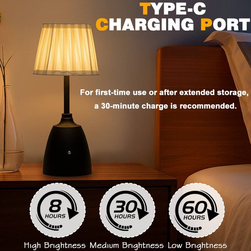 Classic Rechargeable LED Table Lamp with Fabric Shade Touch Control USB Cordless Nightstand Light for Nightstand Room - W6.3‘’