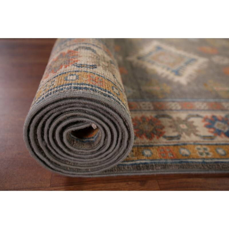 Grey Geometric Kazak Runner Rug Handmade Wool Carpet - 2'10" x 9'10"