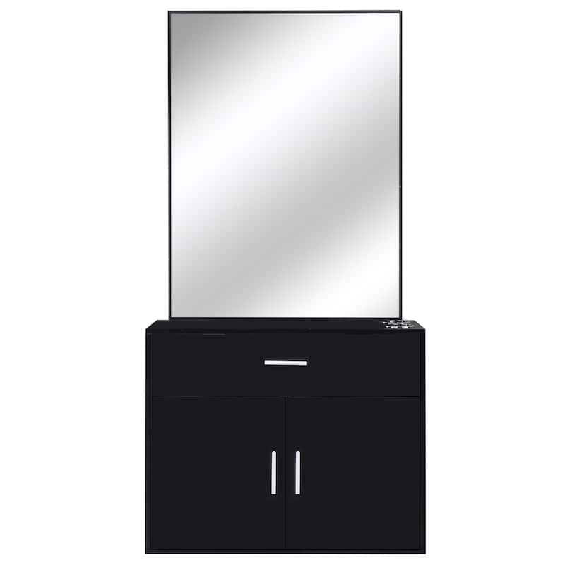 Black Wall Mounted Hair Styling Station with Mirror Drawer and Storage Cabinet for Salon Use - 59.4” x 29.6” x 11.8" (L x W x H)