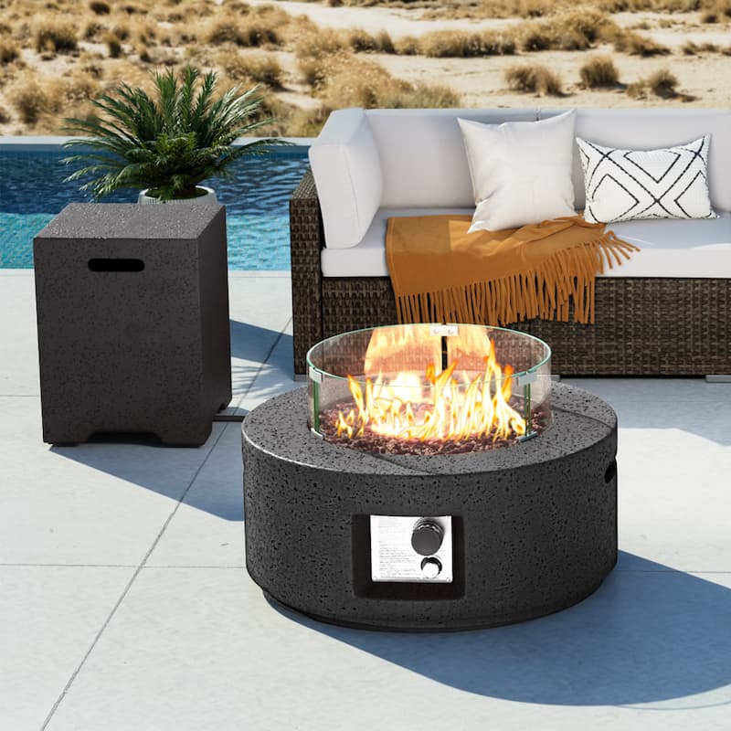 COSIEST 3-Piece Outdoor Round Fire Pit with Tank Cover, Wind Guard - Grey