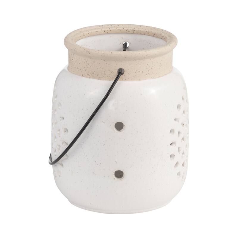 Ceramic Cylinder Flower Cut-Out Lantern - Ivory, 6 in.