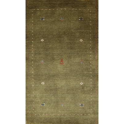 Little Animals Green Gabbeh Indian Accent Rug Handmade Wool Carpet - 2'11" x 5'3"