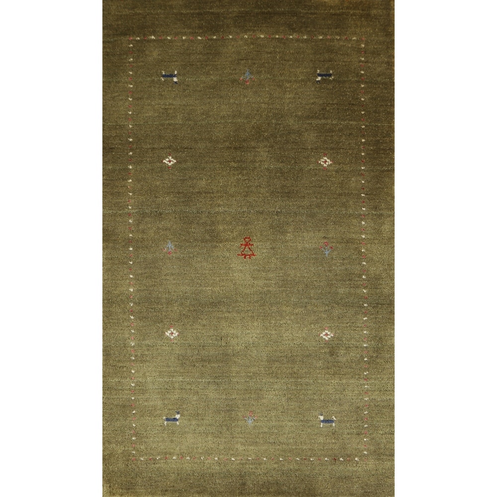 Little Animals Green Gabbeh Indian Accent Rug Handmade Wool Carpet - 2'11" x 5'3"