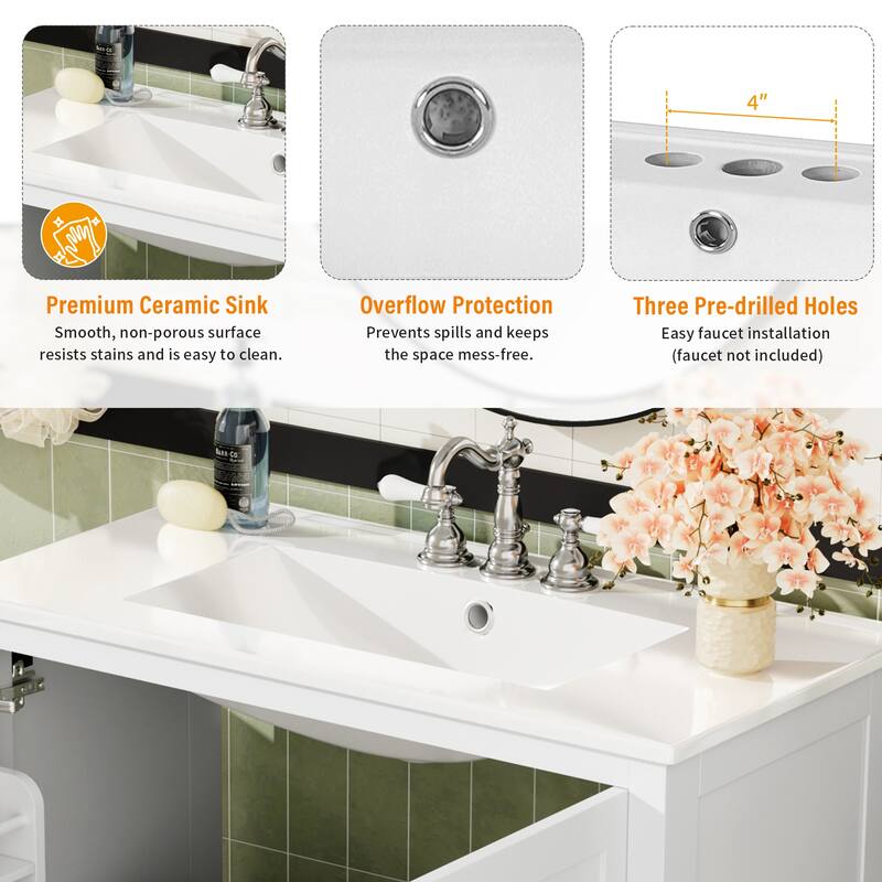 Bathroom Vanity with Ceramic Sink, Storage Cabinet with Soft-Close Doors and Drawer, Bathroom Vanities with Storage Shelves