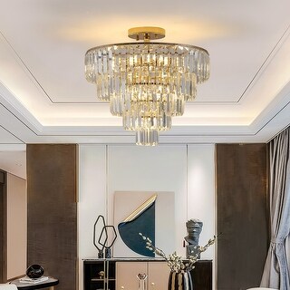 Gold Crystal Chandeliers,5-Tier Round Semi Flush Mount Chandelier - Bed ...
