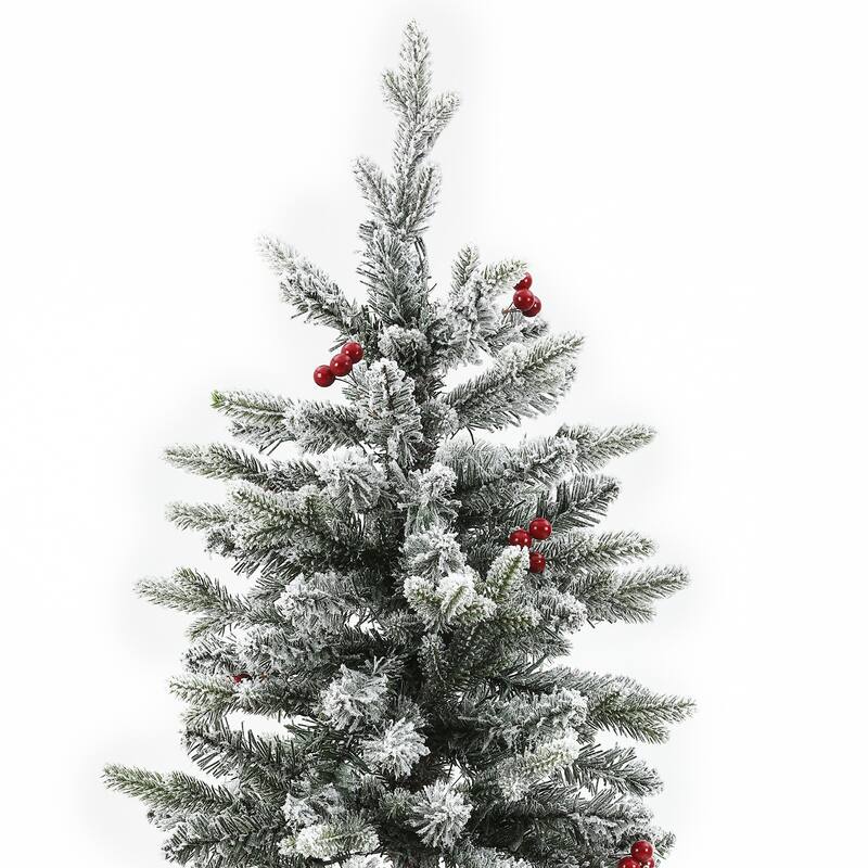 Pre-Lit LED 5ft Snow Flocked Artificial Christmas Tree with Red Berries and Metal Pot - 60" H x 25.5" W x 25.5" D
