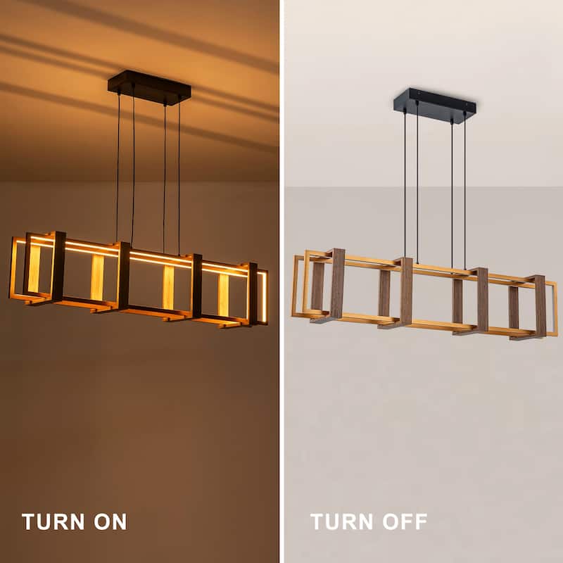 Farmhouse Wood LED Linear Chandeliers Rectangle Pendant Light - W39.4"