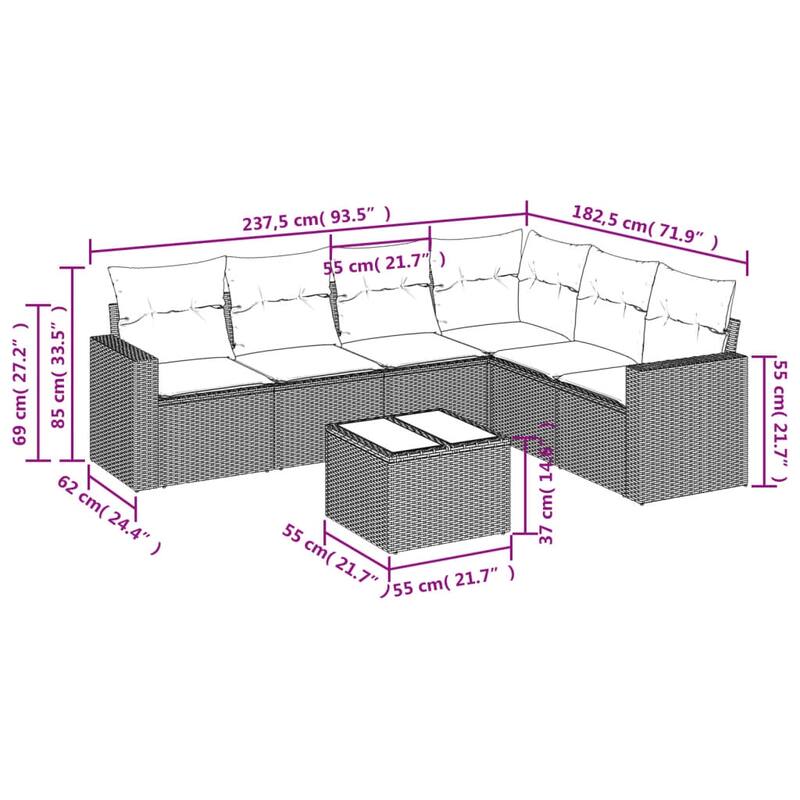 vidaXL Patio Sofa Set with Cushions Outdoor Conversation Furniture Poly Rattan - 25.8" x 24.4" x 27.2"