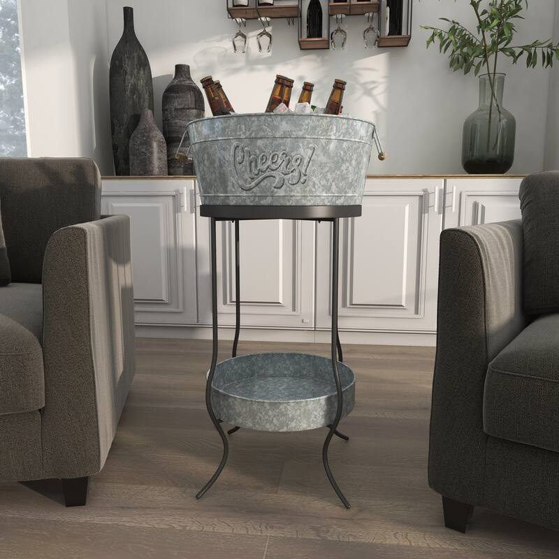 Gray Metal 6 Bottle Ice Bucket with Lower Shelf - 19 x 19 x 34Round