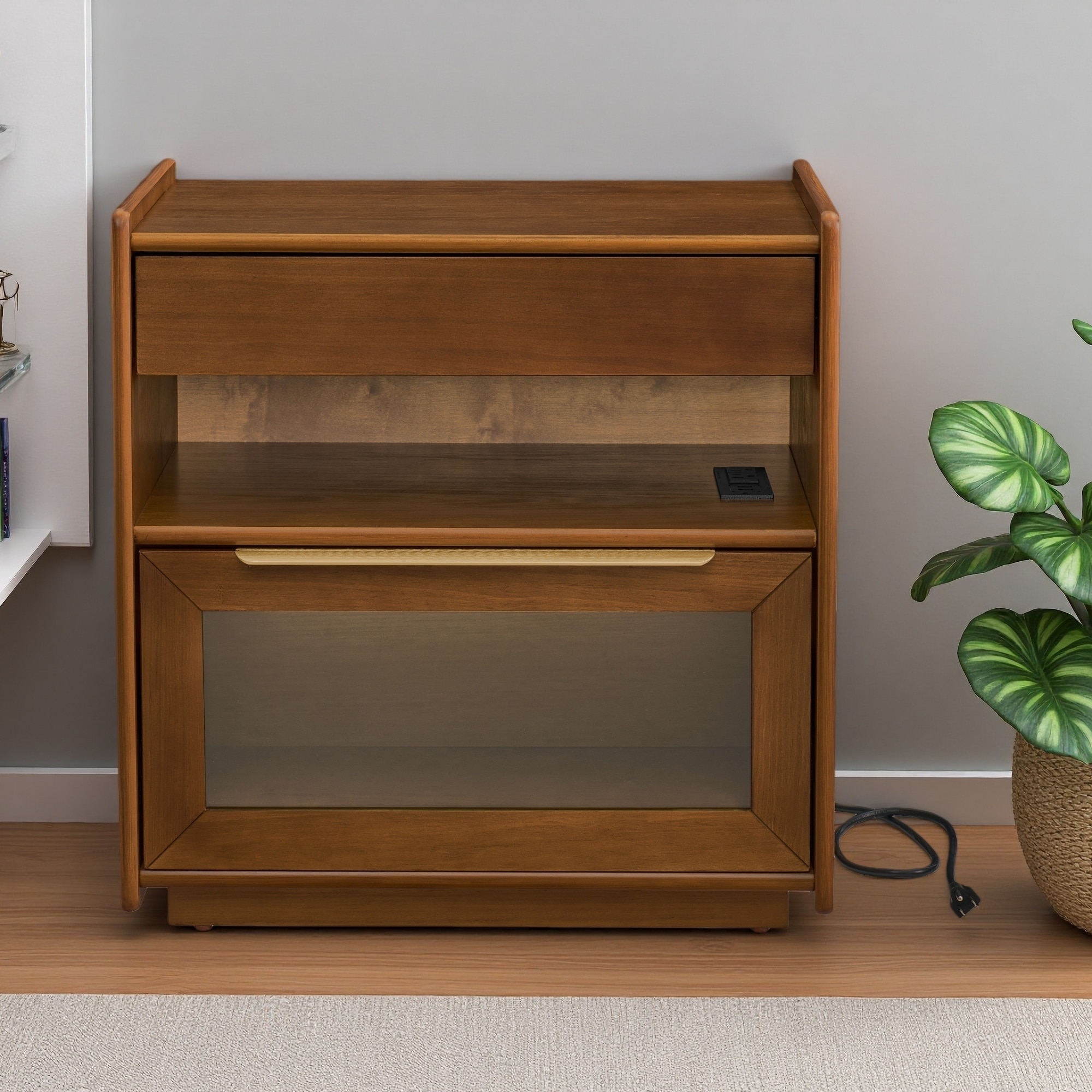 23.62"L Mid Century Modern MDF Nightstand with 2 Drawers, Glass Front, Charging Station & Open Shelf, End Table for Living Room
