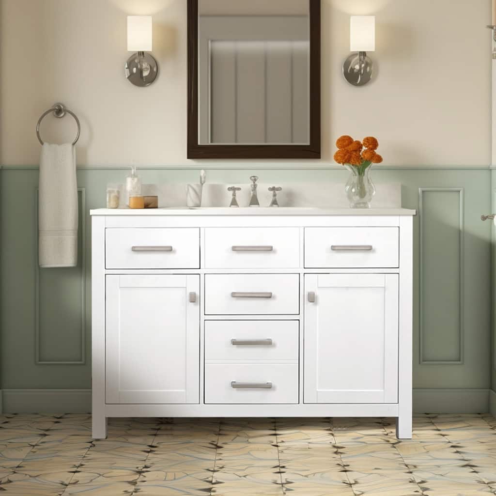 Prismatica Single Sink Bathroom Vanity 48 in White, Marble Countertop & Splash