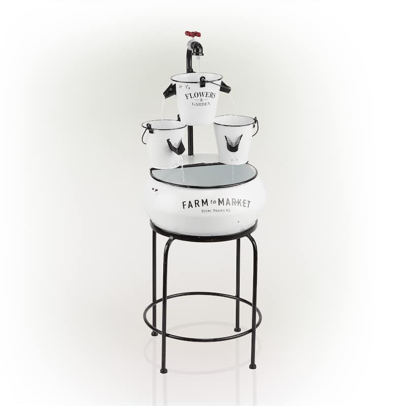 Alpine Corporation 36" Outdoor Floor Buckets with Faucet Water Fountain Vintage, Charming Fountain for Patio & Yard, White