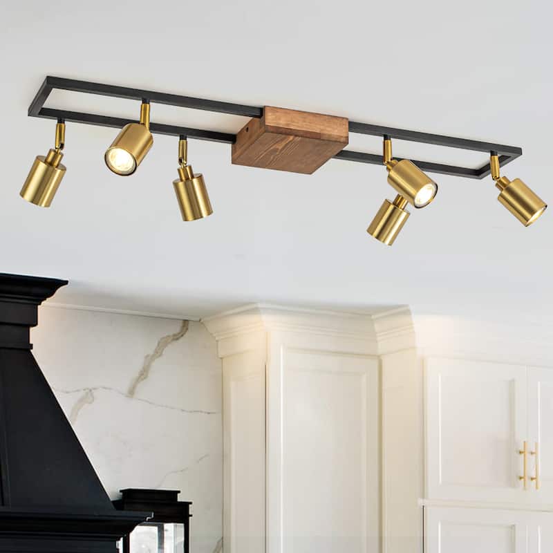 6 Light Farmhouse Rectangle Flush Mount Ceiling Fixture Track Light with Rotating Head - Gold
