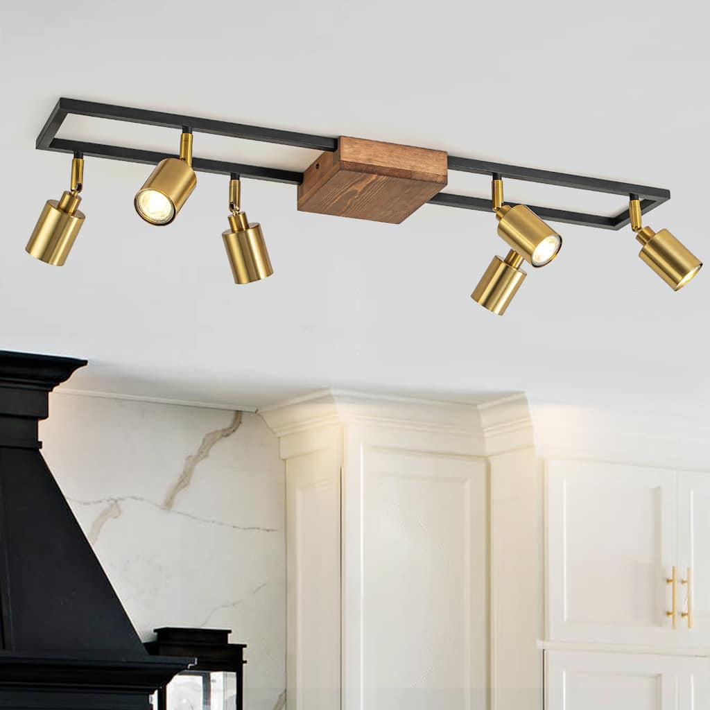 6 Light Farmhouse Rectangle Flush Mount Ceiling Fixture Track Light with Rotating Head - Gold