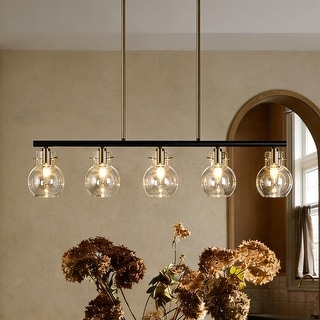 Modern Industrial 5-Light Black Gold Linear Chandelier Clear Glass Kitchen Island Lights for Dining Room