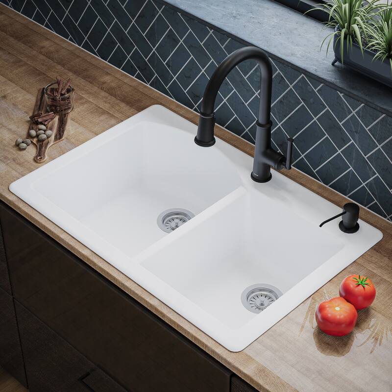 Karran Drop-In Quartz 33 in. 1-Hole 60/40 Double Bowl Kitchen Sink Kit