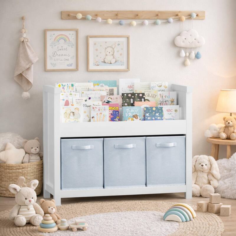 Anmytek White Kids Bookshelf with 3 Light Blue Fabric Bins - Wooden Book and Toy Storage Organizer with Tiered Display