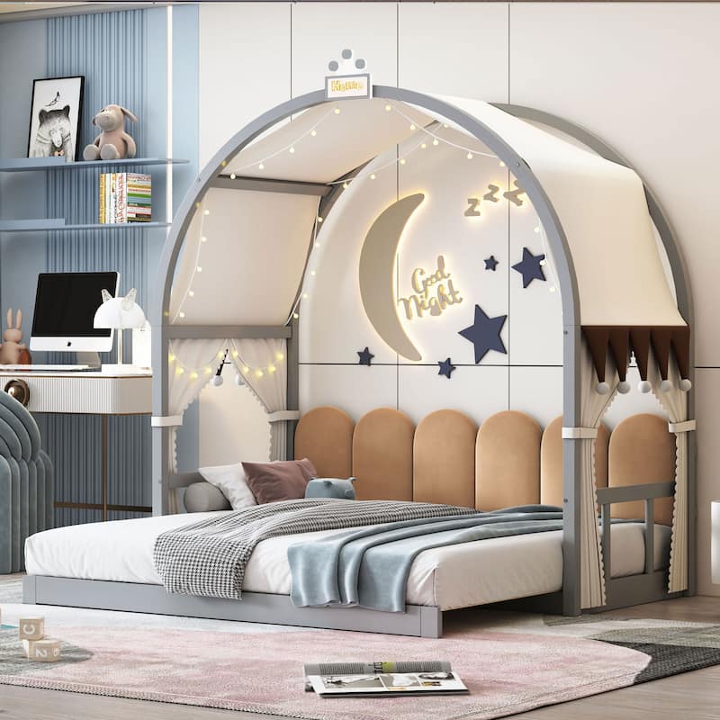 Wood Twin Size Bed Frame with Arched Roof, Floor Bed with Light and Curtain, Pull-out Kids Bed for Girls Boys Bedroom