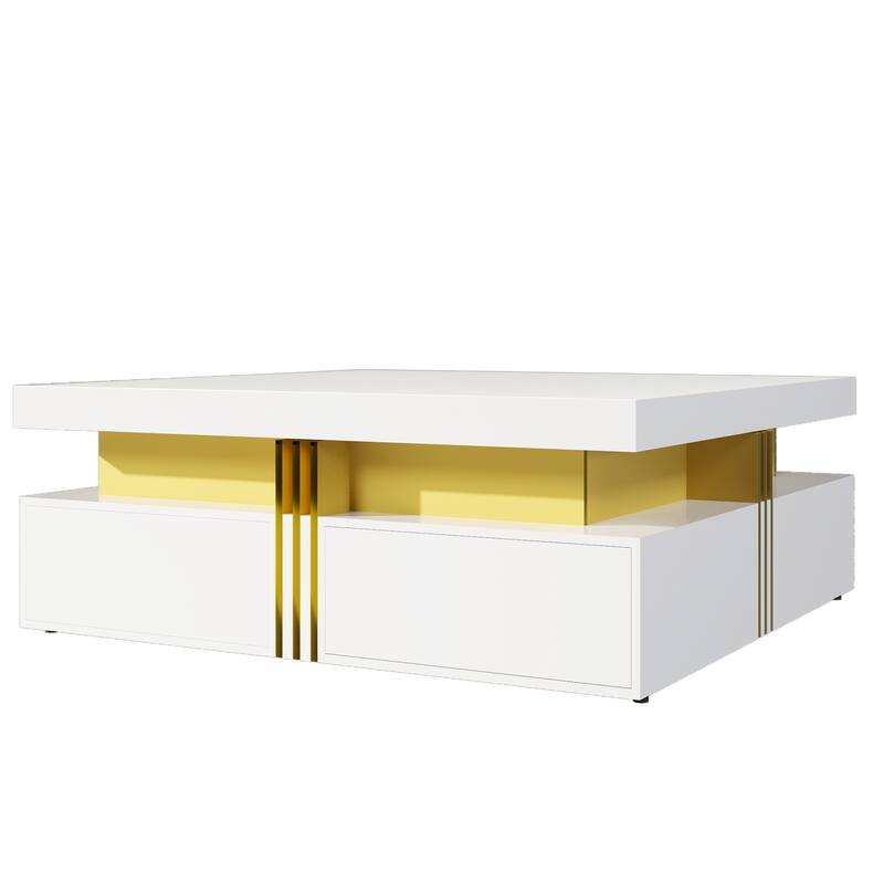 43.3" Modern Square Coffee Table with 4 Hidden Drawers, Glossy Living Room Table with Gold Accents, Space-Saving Storage Table